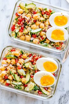 two plastic containers filled with vegetables and eggs