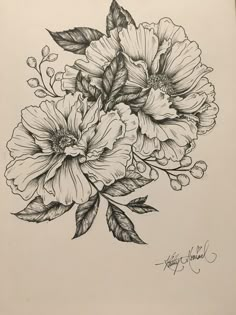 a black and white drawing of flowers