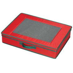 a red and green suitcase with grey linings on the bottom, sitting against a white background