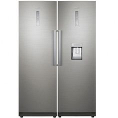 a stainless steel refrigerator freezer with two doors and one ice maker on the side