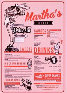 the menu for martha's drive - in grill, which features an image of a woman