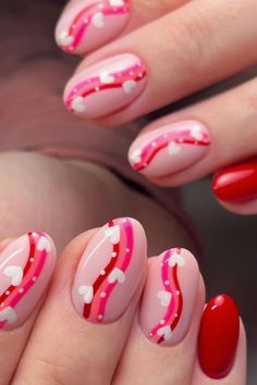 Cute Acrylic Nails Valentines Day, Nails Ideas Valentines, Nail Ideas For Valentine's Day, Valentines Day Nails Round Shape, Nails Every Nail Different Color, Valentines Days Nail, Valentine Nails Art, Valentine's Day Nail Ideas, Nails Gel X Designs