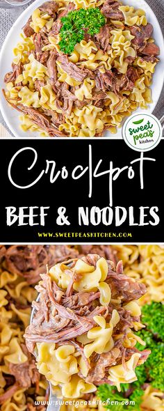 beef and noodles on a white plate with broccoli in the background text overlay reads crock pot beef & noodles