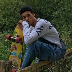 a young man sitting on a fence with his skateboard