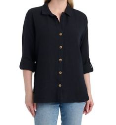 Como Vintage Women's Long Sleeve Woven Gauze Button Front Shirt Como Vintage offers a woven shirt for multiple ways to wear. Our woven gauze is textured to give dimension. It comes with a roll tab to adjust the sleeve length from long to 3/4 or even elbow! Wear the shirt open over a tee shirt or closed, some even like to use it as a cover up due to its lightweight and airy feeling. Long Sleeve with roll tab to adjust sleeve length Full button front with collar Lightweight and airy Faux horn butt Gauze Shirt, Button Front Shirt, Tunic Blouse, White Gloves, Women Long Sleeve, Vintage Ladies, Blouses For Women, Cover Up, Long Sleeve Shirts