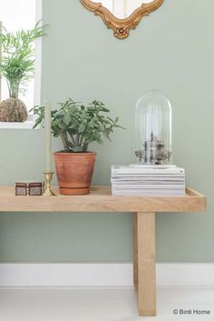 a wooden table topped with a potted plant next to a mirror and candle holder