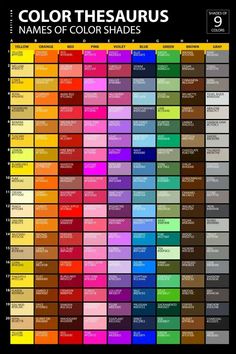 the color chart for different types of colors and shapes, with names on each side