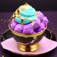 a bowl filled with purple and blue ice cream