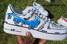 ad eBay - Nike Air Force 1 Custom Hand Painted 'Blue Swoosh Drip' Graffiti Pop Art Shoes - Buy Now, click the link (eBay) Shoe Artwork, Painted Nikes, Nike Air Force 1 Custom, Air Force 1s, Air Force 1 Custom, Custom Air Force 1, Cute Nike Shoes, Sneakers Athletic, Cute Nikes