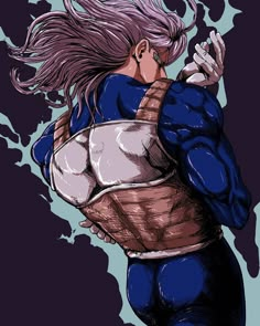 a drawing of a woman in blue and white with her hair blowing back to the side