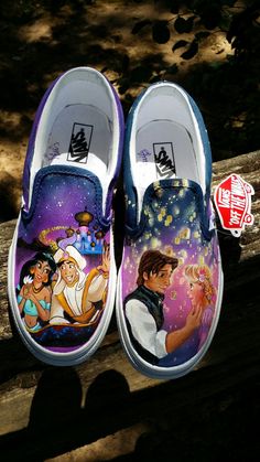 Hey, I found this really awesome Etsy listing at https://www.etsy.com/listing/193811552/aladdin-and-tangled-inspired-painted Disney Custom Shoes, Vans Shoes Fashion, Cute Vans, Disney Vans