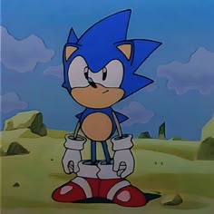 sonic the hedgehog standing in front of a blue sky with clouds and grass behind him