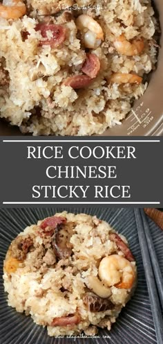 rice cooker chinese sticky rice with shrimp in it and another side by side photo