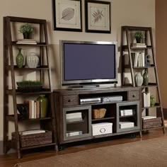 an entertainment center with bookshelves, shelves and a tv on top of it