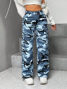 Multicolor Casual Collar  Denim Camo Straight Leg Embellished Non-Stretch  Women Clothing Blue Camo Pants Outfit, Shein Cart, Blue Camo Pants, Camo Pants Outfit, Camouflage Outfits, Cargo Pants Outfit, Camouflage Pants, Camo Cargo Pants