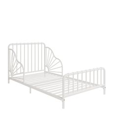 a white metal bed frame is shown against a white background with no headboard or foot board