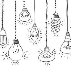 light bulbs hanging from the ceiling with one bulb turned upside down, and another being suspended by strings