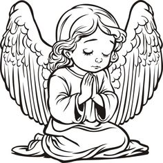 an angel sitting on the ground praying with his hands folded in prayer, black and white