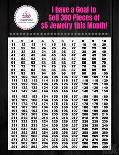 a black and white poster with numbers on it that says i have a goal to sell 300 pieces of $ 5 jewelry this month