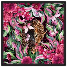 a painting of a leopard surrounded by pink flowers and butterflies