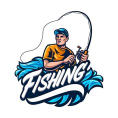 a man fishing on the water with a rod and reel in his hands, logo design