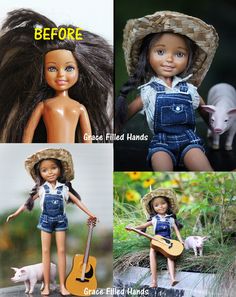 three pictures with dolls and animals, one has a guitar and the other has a hat