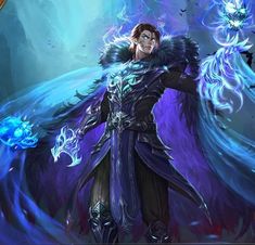 an image of a male character with blue hair and wings in front of a background