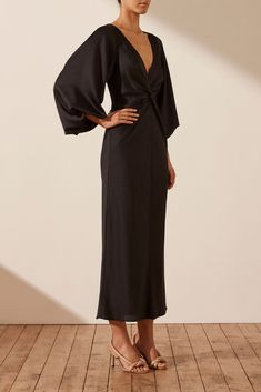 LUXE BALLOON SLEEVE KNOT FRONT MIDI DRESS | Onyx | Dresses | Shona Joy – Shona Joy International Club Atmosphere, Black Tie Dress Wedding, Black Wedding Guest Dresses, Fancy Black Dress, Black Bridesmaid Dress, Winter Wedding Outfits, Black Bridesmaid, Black Bridesmaids, Midi Dress Formal