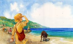 a painting of a boy on the beach looking at an animal