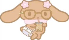 a cartoon dog with glasses holding a drink and a cell phone in it's hand