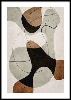 an abstract painting with black, brown and white shapes