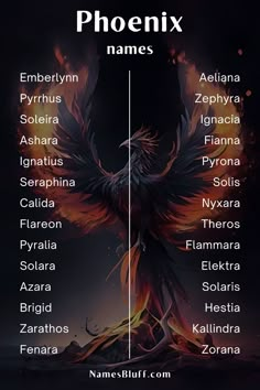 Explore our list of 100 cool names for a phoenix! Whether you're crafting a fantasy novel, designing a game character, or simply captivated by these legendary firebirds, this collection has something for everyone. Discover names inspired by mythology and the fiery spirit of the phoenix, perfect for bringing your character to life. Let your imagination soar with these unique and creative names.  #PhoenixNames #FantasyNames #MythicalCreatures #CharacterNames #PhoenixInspiration #FireBird #LegendaryCreatures #NameIdeas #FantasyWriting #CreativeNames #UniqueNames #FantasyWorld #Mythology #PhoenixLegend #EpicNames #PhoenixCharacter #MythicalPhoenix #PhoenixFire #PhoenixFantasy #PhoenixSpirit Phoenix Name, Fire Names, Phoenix Oc, Phoenix Names