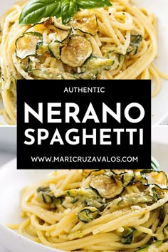 Spaghetti nerano collage with text overlay. Spaghetti Alla Nerano All Recipes, Italian Zucchini Pasta, Spaghetti Alla Nerano Recipe, Spaghetti Alla Nerano Stanley Tucci, Prima Vera Pasta Recipe, Zucchini In Pasta, Pasta Zucchini Recipes, Pasta Nerano, Tuscan Pasta Recipes