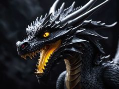 a black dragon statue with yellow eyes