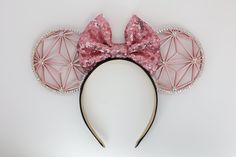 "Welcome To 'LXS COUTURE' Etsy Shop! My Mouse Ears Are Handcrafted By Me With The Highest Quality Materials! The Perfect Mouse Ears To Gift, Add To Your Collection Or A Trip To \"The Most Magical Place On Earth\"! 🏰 PRODUCT DESCRIPTION: 3D ROSE GOLD Epcot Spaceship Earth Mouse Ears. The bow pictured is #14 blush pink. 🏰 PRODUCT CARE: Handmade. Please handle with care. While these are perfect for wearing around the park, I would not suggest wearing them on fast moving rides or water rides - not Epcot Spaceship Earth, Disneyland Ideas, Water Rides, Disney 2025, Disney Bags Backpacks, Diy Mickey Ears, Disney Mickey Ears, Disney Merch, Spaceship Earth