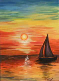 a painting of a sailboat in the ocean at sunset