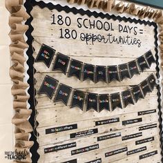 a bulletin board with black and white writing on it that says, 1800 school days