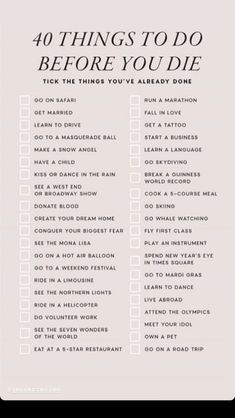 the ten things to do before you die poster is shown in black and white, with text