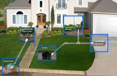 an image of a house with blue boxes on the front lawn and landscaping around it