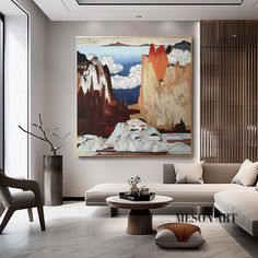 a living room filled with furniture and a painting on the wall