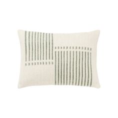 a white and green striped pillow on a white background with vertical lines in the middle