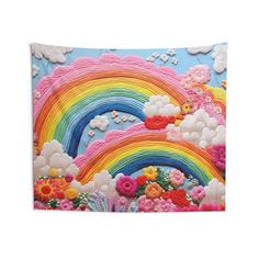 a colorful painting with clouds, flowers and rainbows on blue background wall hanging tapestry