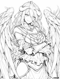 an angel with large wings is shown in black and white coloring book pages, as well as