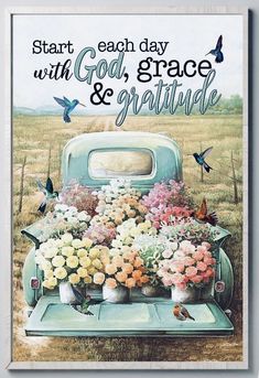 an old car with flowers and butterflies on the hood is featured in this vintage poster