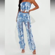 Denim Print Two Piece Pant Set Never Worn!! Blue Denim Pants For Summer, Denim Blue Jeans For Summer Night Out, Denim Bottoms For Summer Night Out, Denim Bottoms For Night Out In Summer, Light Blue Denim Pants For Summer, Chic Light Wash Pants For Summer, Light Blue Denim Summer Pants, Fitted Denim Pants For Day Out, High Waist Jeans For Summer Nights