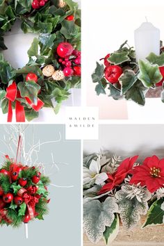 christmas wreaths with red and green decorations