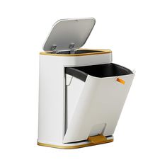 a white and gold trash can with an electronic device in it's opening door