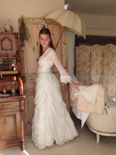 "Gorgeous  antique bustle wedding dress..! Wow this dress is so beautiful! This outfit has 4 parts: 1. A dotted white muslin cotton bustle skirt. This skirt has a lovely antique lace edge. and closes with hooks and eyes. The waist is 65 cm  25.5 inches and the length 107 cm   42 inches. 2. The bustle overlay has the same lave and closes with hooks and eyes too. This overlay has waist 64 cm   25 inches. It has an asymmetrical shape. 3. The muslin cotton camisole has bust  38.5\" 98 cm and waist 6 Edwardian Wedding Dress Vintage, Whimsical Lace Dress, Meg March Wedding Dress, Lady In Waiting Outfit, Romani Wedding Dresses, White Edwardian Dress, Upcycling Wedding Dress, 1920s Wedding Dress Authentic, 1940s Wedding Dress 40s Style