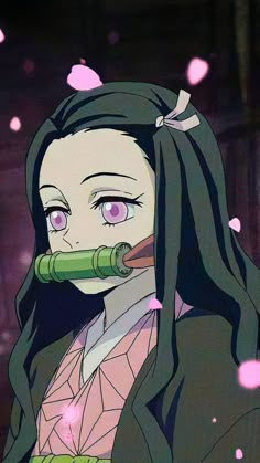 an anime character with long black hair and pink eyes holding a bamboo stick in her mouth