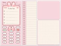 a pink calculator with bunny ears on the front and back side, sitting next to a notepad